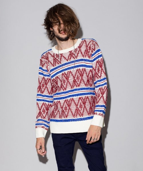 NO ID.（ノーアイディ）の「【NO ID.】Diamond Jacquard Pullover Knit / ダイヤ ジャガード プルオーバー ニット（ニット/セーター・メンズ・キャメル/ブラック/ホワイト・ONE SIZE）」の2枚目の写真