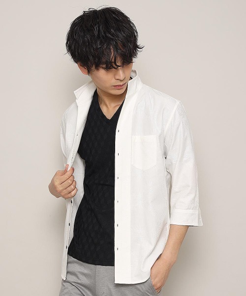 MK MICHEL KLEIN HOMME （エムケーミッシェルクランオム）の「7分袖シャツ／CRボタニカルJQ（シャツ/ブラウス・メンズ・ホワイト/ネイビー/ブルー・MEDIUM/LARGE/X-LARGE）」の2枚目の写真