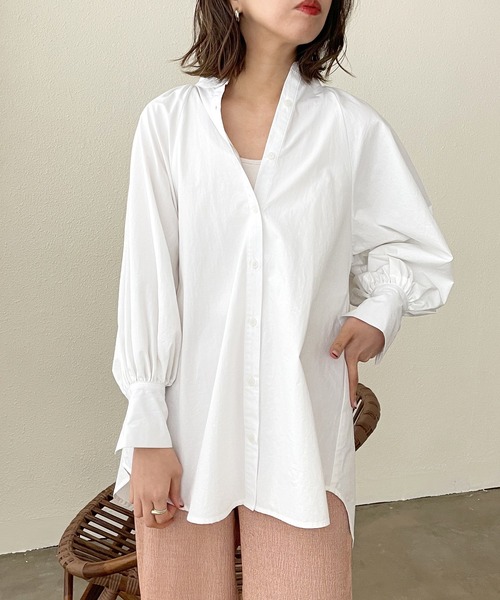 ✨極美品✨セオリーリュクス★洗える バンドカラー ボリュームスリーブシャツ 白 Shelly island（シェリーアイランド）の「バンドカラーボリューム