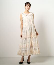 【美品】豪華✨️ ピンクハウス ローズ柄 ワンピース リボン ＆ はしごレース付 ダマスクキャットptリボンカラーワンピース｜ピンクハウス