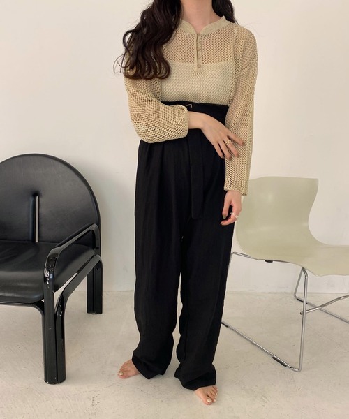 lawgy（ラウジー）の「center button mesh knit（ニット/セーター・レディース・ベージュ/ブラウン/アイボリー・FREE）」の7枚目の写真