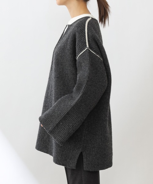 COLONY 2139（コロニートゥーワンスリーナイン）の「ラムズブレンド片畦配色リンキング深Vプルオーバー（ニット/セーター・レディース・グリーン/ベージュ/チャコールグレー・FREE）」の8枚目の写真