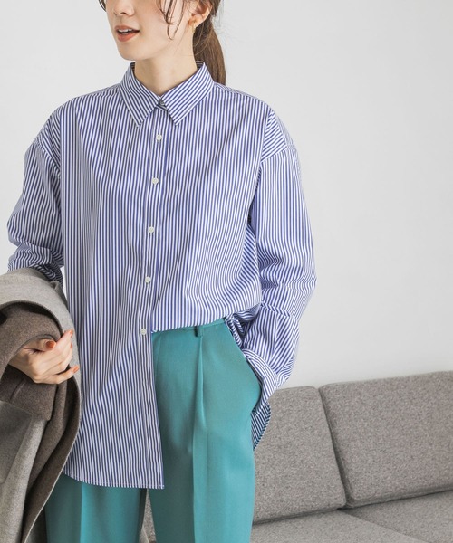 URBAN RESEARCH（アーバンリサーチ）の「ラウンドヘムオーバーシャツ（シャツ/ブラウス・レディース・ブルー系その他/オフホワイト/ストライプ・FREE）」の15枚目の写真