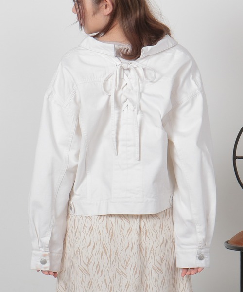 Honeys（ハニーズ）の「後レースアップＧジャン（デニムジャケット・レディース・ラベンダー/ブルー/ライトインディゴブルー/ホワイト/ベージュ・S/M/L）」の8枚目の写真