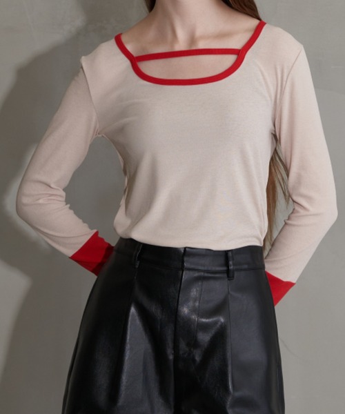 セール】Uネックバイカラートップス（Tシャツ/カットソー）｜Solace