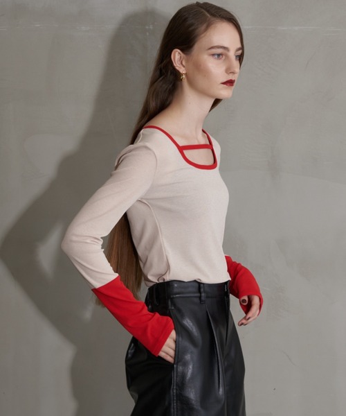 セール】Uネックバイカラートップス（Tシャツ/カットソー）｜Solace