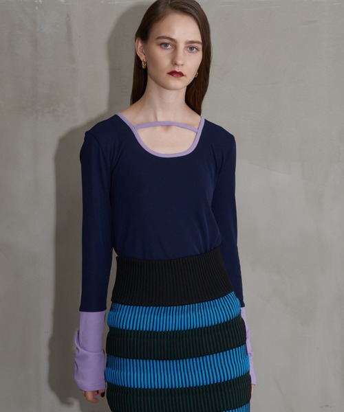 セール】Uネックバイカラートップス（Tシャツ/カットソー）｜Solace