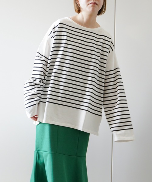 VENCEEXCHANGE（ヴァンスエクスチェンジ）の「パネルボーダーTシャツ（Tシャツ/カットソー・レディース・ブラック/ネイビー/ピンク/イエロー/グリーン・FREE）」の2枚目の写真