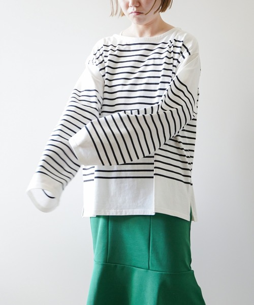 VENCEEXCHANGE（ヴァンスエクスチェンジ）の「パネルボーダーTシャツ（Tシャツ/カットソー・レディース・ブラック/ネイビー/ピンク/イエロー/グリーン・FREE）」の9枚目の写真