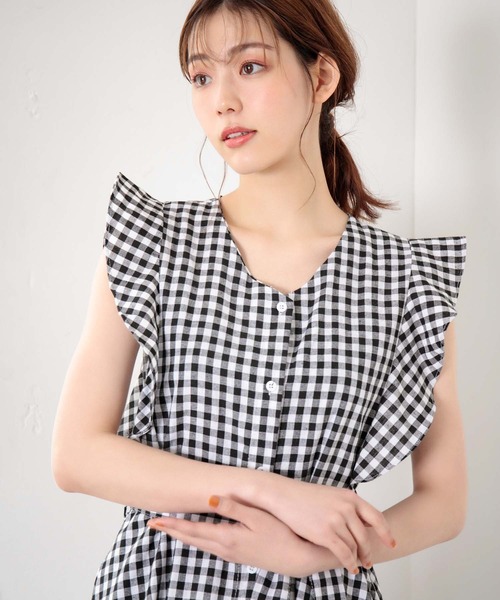 fifth（フィフス）の「コットンリネンフリルスリーブギンガムチェックワンピース（ワンピース・レディース・ブラック/ネイビー・M）」の8枚目の写真