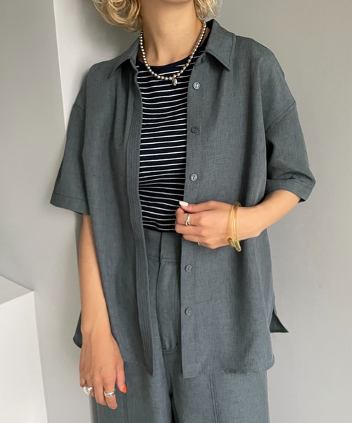 CIAOPANIC（チャオパニック）の「セットアップ可！リネンライクステッチシャツ（シャツ/ブラウス・レディース・チャコールグレー/スカイブルー/グリーン・FREE）」の7枚目の写真