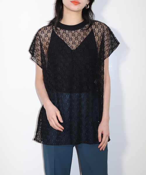 CITYSHOP(シティーショップ)の「LACE N/S T-SHIRT:カットソー(Tシャツ/カットソー・レディース・ブルー/ブラック・FREE)」の1枚目の写真