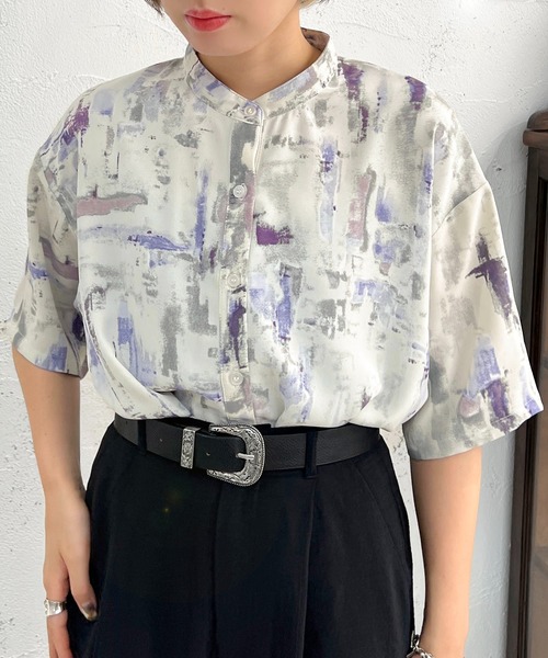 apres jour mignon(アプレジュールミニョン)の「柄バンドカラーシャツ【ZOZOTOWN限定アイテム】(シャツ/ブラウス・レディース・パープル/ブラック系その他/ブラック・X-LARGE/フリー)」の15枚目の写真