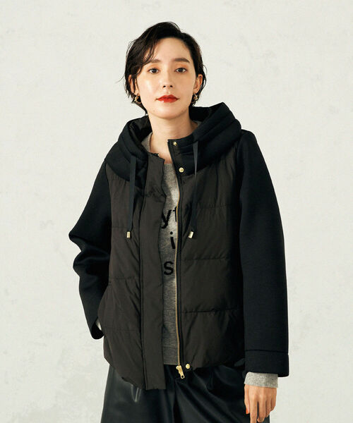 NOLLEY’S（ノーリーズ）の「◇【WEB限定】カットボンディング×スムースタフタダウン（ダウンジャケット/コート・レディース・ベージュ/ブラック・FREE）」の2枚目の写真