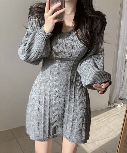 セール】Vネックケーブルニットミニワンピース（ワンピース
