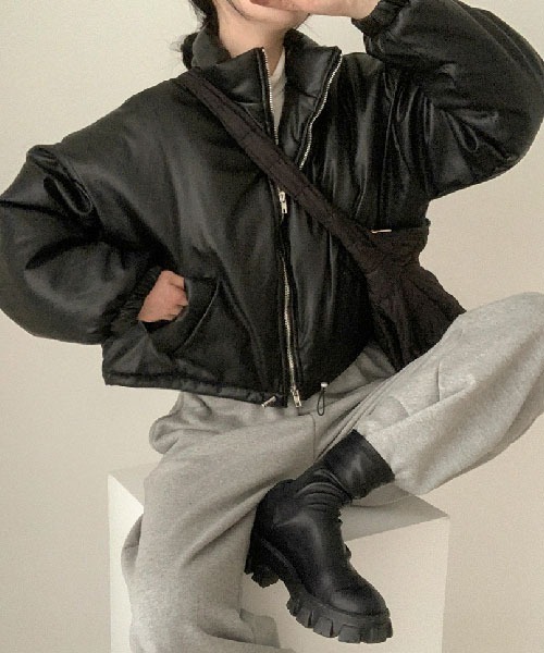 BEIDELLI（ベイデリー）の「[BELLIDE MADE] 2wayフェイクレザークロップドショート中綿ジャケット（ダウンジャケット/コート・レディース・ブラック/グレー・FREE）」の11枚目の写真