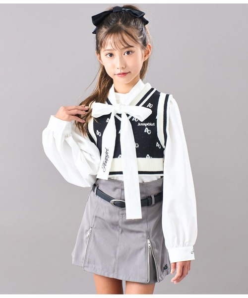ANAP GiRL(アナップガール)の「ビッグリボンパフスリーブシャツ【セットアップ可能】(シャツ/ブラウス・キッズ・オフホワイト/ライトブルー・XS/S/M)」の19枚目の写真