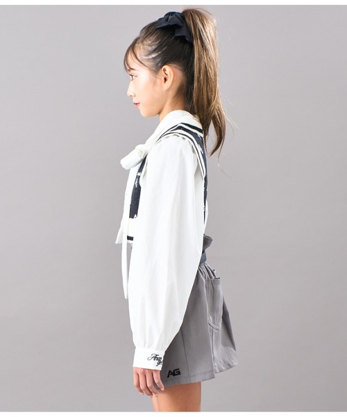 ANAP GiRL(アナップガール)の「ビッグリボンパフスリーブシャツ【セットアップ可能】(シャツ/ブラウス・キッズ・オフホワイト/ライトブルー・XS/S/M)」の20枚目の写真