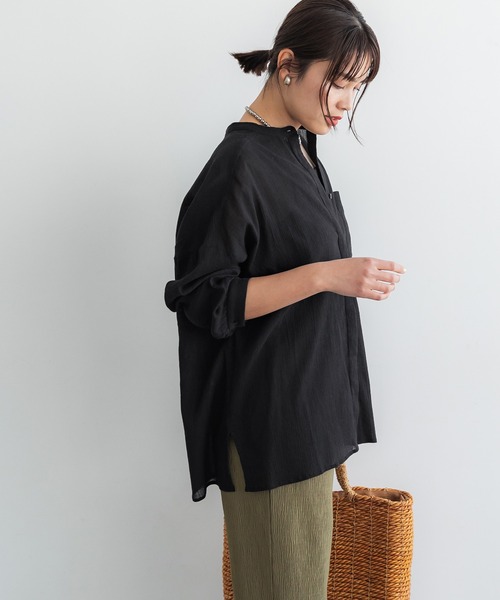 coca(coca)(コカ)の「コットン楊柳バンドカラーシャツ(シャツ/ブラウス・レディース・ブラック/ホワイト/グリーン/オレンジ・M/L)」の11枚目の写真