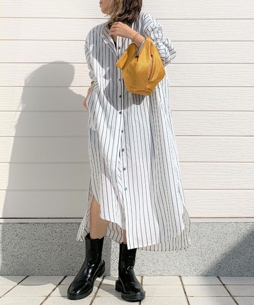 Q(キュー)の「ストライプシャツワンピース(シャツワンピース・レディース・ホワイト系/ピンク系・MEDIUM)」の1枚目の写真