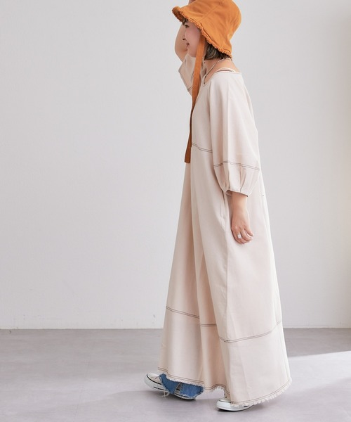 CIAOPANIC TYPY（チャオパニックティピー）の「【india】配色ステッチボリュームスリーブワンピ（ワンピース・レディース・グレー/ブラック/アイボリー/ベージュ・ONE SIZE）」の7枚目の写真