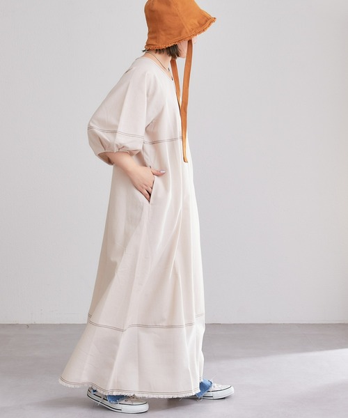 CIAOPANIC TYPY（チャオパニックティピー）の「【india】配色ステッチボリュームスリーブワンピ（ワンピース・レディース・グレー/ブラック/アイボリー/ベージュ・ONE SIZE）」の10枚目の写真