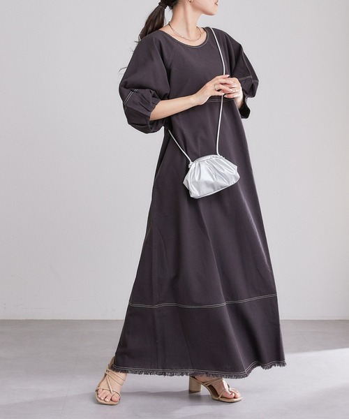 CIAOPANIC TYPY（チャオパニックティピー）の「【india】配色ステッチボリュームスリーブワンピ（ワンピース・レディース・グレー/ブラック/アイボリー/ベージュ・ONE SIZE）」の18枚目の写真