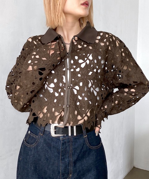 PAGEBOY(ページボーイ)の「レースエリツキカーディガン(カーディガン/ボレロ・レディース・ブラウン/オフホワイト/ブラック・FREE)」の3枚目の写真
