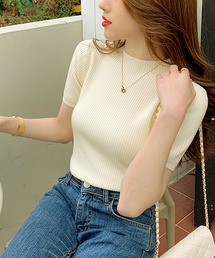 Primazel | モックネック半袖リブサマーニットトップス(ニット/セーター)