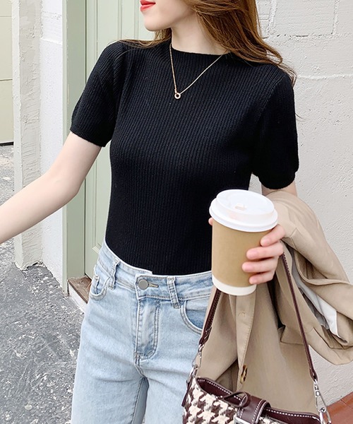 Primazel（プリマゼル）の「モックネック半袖リブサマーニットトップス（ニット/セーター・レディース・ブラック/ブラウン系その他/ライトベージュ・M）」の2枚目の写真