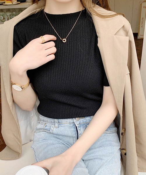 Primazel（プリマゼル）の「モックネック半袖リブサマーニットトップス（ニット/セーター・レディース・ブラック/ブラウン系その他/ライトベージュ・M）」の4枚目の写真