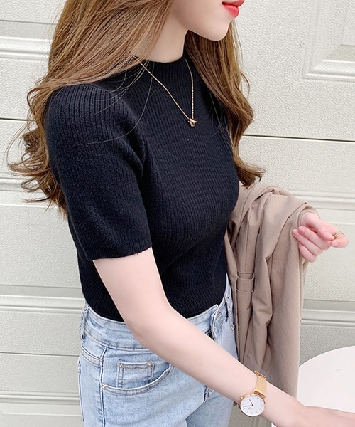 Primazel（プリマゼル）の「モックネック半袖リブサマーニットトップス（ニット/セーター・レディース・ブラック/ブラウン系その他/ライトベージュ・M）」の6枚目の写真