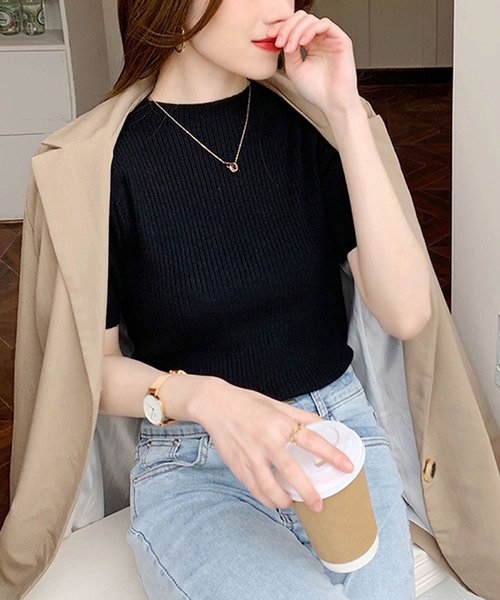 Primazel（プリマゼル）の「モックネック半袖リブサマーニットトップス（ニット/セーター・レディース・ブラック/ブラウン系その他/ライトベージュ・M）」の7枚目の写真