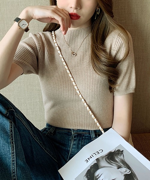 Primazel（プリマゼル）の「モックネック半袖リブサマーニットトップス（ニット/セーター・レディース・ブラック/ブラウン系その他/ライトベージュ・M）」の11枚目の写真