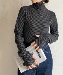 フィンガーホール指穴あき長袖ボーダー柄起毛タートルネックカットソートップス