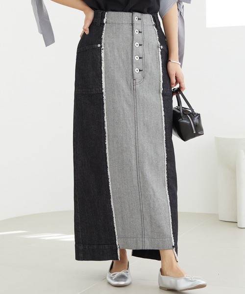 LAVEANGE（ラビアンジェ）の「配色パッチワークデニムスカート（デニムスカート・レディース・ネイビー/ブラック・5L/4L/3L/LL/M）」の3枚目の写真