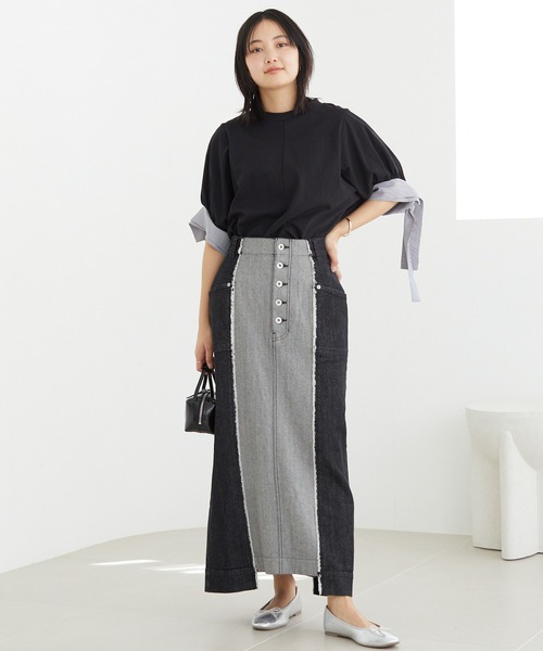 LAVEANGE（ラビアンジェ）の「配色パッチワークデニムスカート（デニムスカート・レディース・ネイビー/ブラック・5L/4L/3L/LL/M）」の7枚目の写真