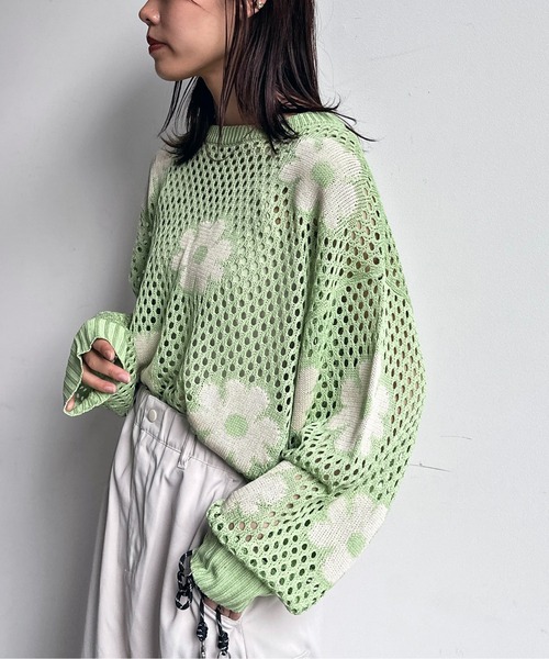 マメクロゴウチ 花柄 ニットパンツ グレー/グリーン ニットパンツ