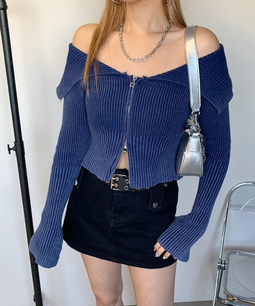 non-hedge(ノンヘッジ)の「ブリーチ加工ジップオフショルニットトップス(ニット/セーター・レディース・ブルー/ブラウン/ブラック/カーキ・FREE)」の4枚目の写真