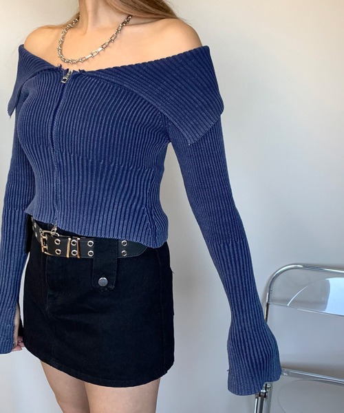 non-hedge(ノンヘッジ)の「ブリーチ加工ジップオフショルニットトップス(ニット/セーター・レディース・ブルー/ブラウン/ブラック/カーキ・FREE)」の20枚目の写真