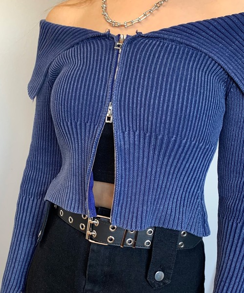 non-hedge(ノンヘッジ)の「ブリーチ加工ジップオフショルニットトップス(ニット/セーター・レディース・ブルー/ブラウン/ブラック/カーキ・FREE)」の22枚目の写真