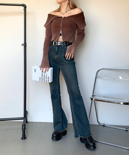 non-hedge(ノンヘッジ)の「ブリーチ加工ジップオフショルニットトップス(ニット/セーター・レディース・ブルー/ブラウン/ブラック/カーキ・FREE)」の14枚目の写真