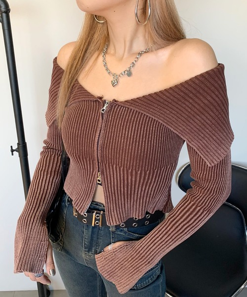 non-hedge(ノンヘッジ)の「ブリーチ加工ジップオフショルニットトップス(ニット/セーター・レディース・ブルー/ブラウン/ブラック/カーキ・FREE)」の18枚目の写真