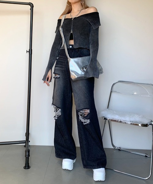 non-hedge(ノンヘッジ)の「ブリーチ加工ジップオフショルニットトップス(ニット/セーター・レディース・ブルー/ブラウン/ブラック/カーキ・FREE)」の7枚目の写真