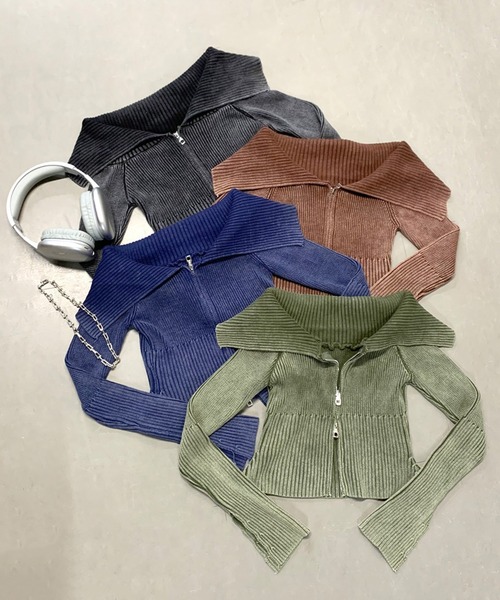 non-hedge(ノンヘッジ)の「ブリーチ加工ジップオフショルニットトップス(ニット/セーター・レディース・ブルー/ブラウン/ブラック/カーキ・FREE)」の10枚目の写真
