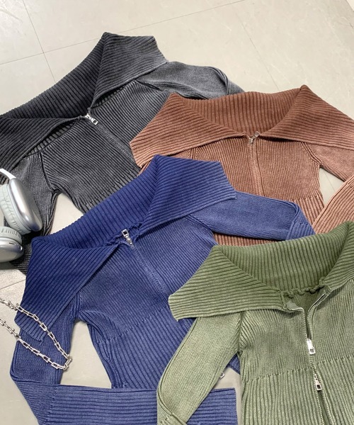 non-hedge(ノンヘッジ)の「ブリーチ加工ジップオフショルニットトップス(ニット/セーター・レディース・ブルー/ブラウン/ブラック/カーキ・FREE)」の11枚目の写真