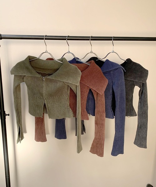 non-hedge(ノンヘッジ)の「ブリーチ加工ジップオフショルニットトップス(ニット/セーター・レディース・ブルー/ブラウン/ブラック/カーキ・FREE)」の5枚目の写真