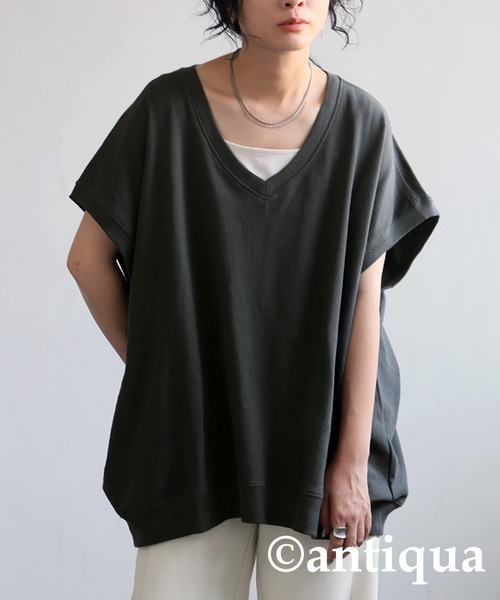antiqua(アンティカ)の「裏毛Vネックトップス(Tシャツ/カットソー・レディース・ブルー/ブラック/ホワイト/ベージュ/ダークグレー・FREE)」の1枚目の写真