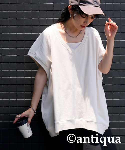 antiqua(アンティカ)の「裏毛Vネックトップス(Tシャツ/カットソー・レディース・ブルー/ブラック/ホワイト/ベージュ/ダークグレー・FREE)」の17枚目の写真