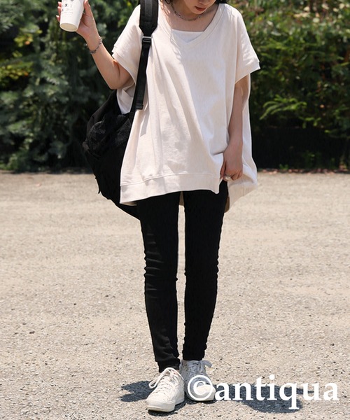 antiqua(アンティカ)の「裏毛Vネックトップス(Tシャツ/カットソー・レディース・ブルー/ブラック/ホワイト/ベージュ/ダークグレー・FREE)」の18枚目の写真